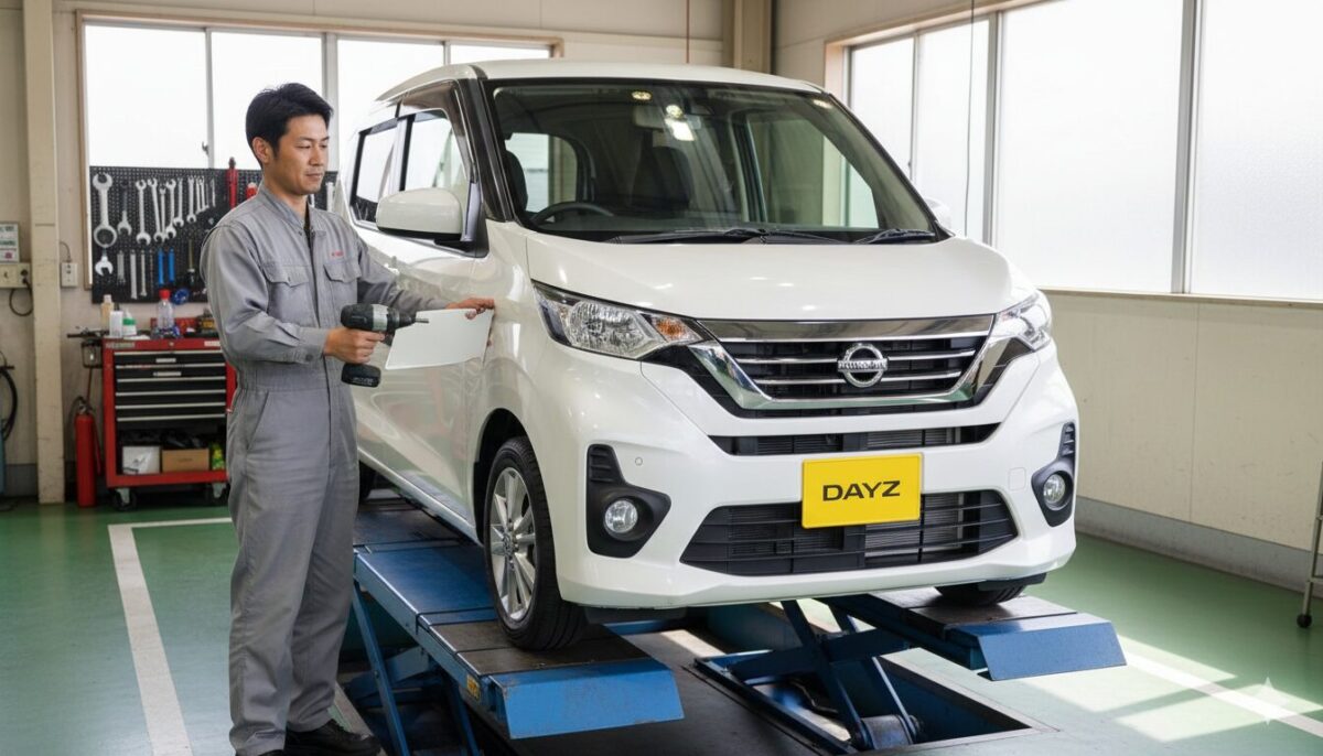 整備工場でデイズに白ナンバーをつけようとしている男性