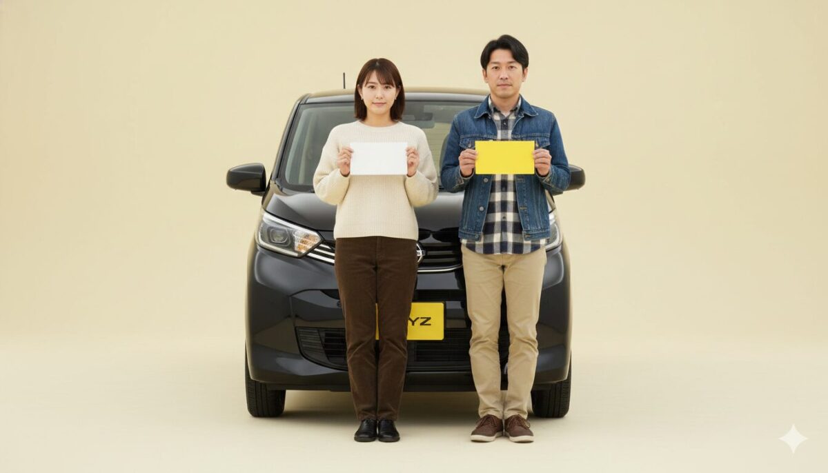 デイズの前で白ナンバーを掲げる女性と黄色ナンバーを掲げる男性