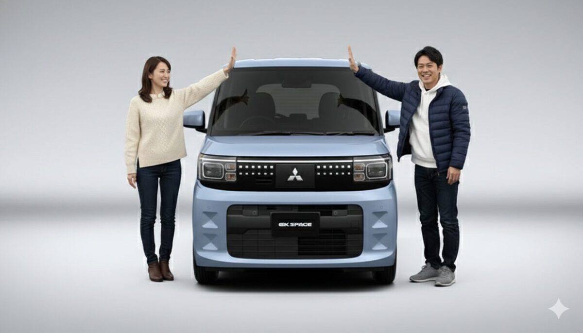 ekスペースの脇で手を挙げる男女