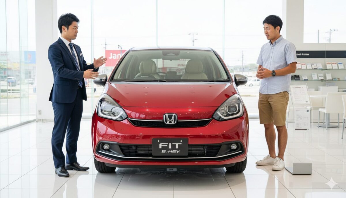 ディーラーで販売員からフィットの説明を聞く男性