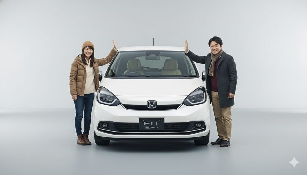 白いフィットの左右でポーズをとる男女