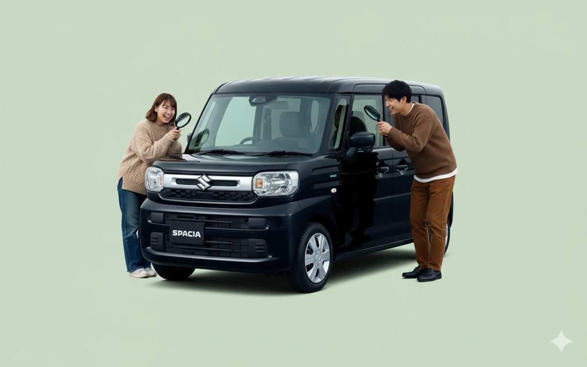 スペーシアに近づいて子細に観察している男女