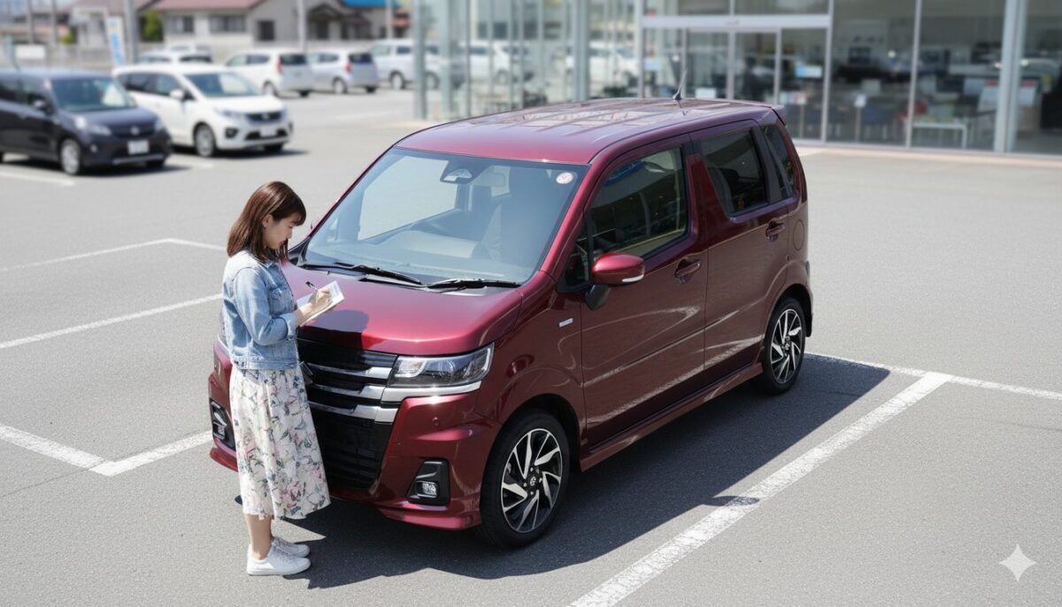 中古のワゴンRをメモをしながらチェックする女性