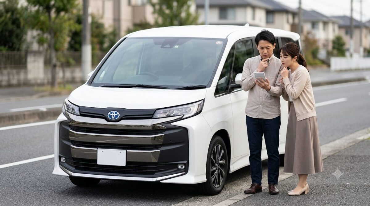 ノアの横で電卓を見つめる夫婦