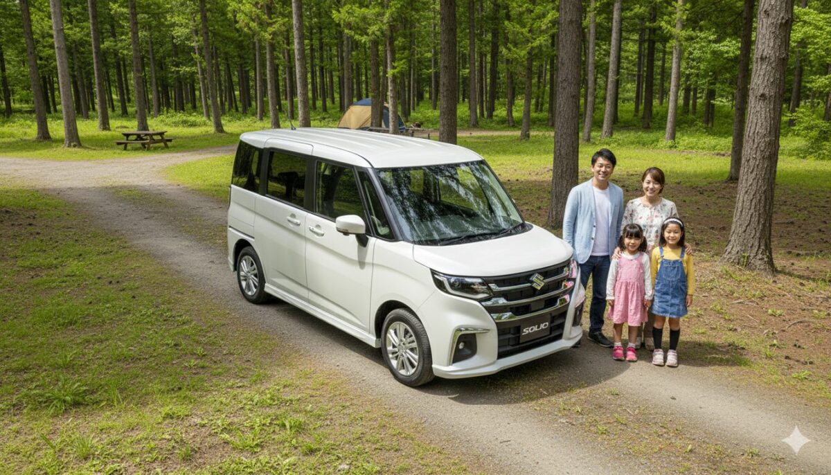 オートキャンプ場に停めたソリオと家族連れ
