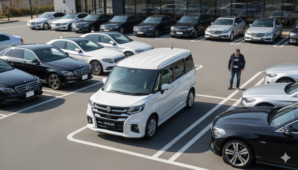 高級車ばかりが並ぶ駐車場に停車されたソリオ