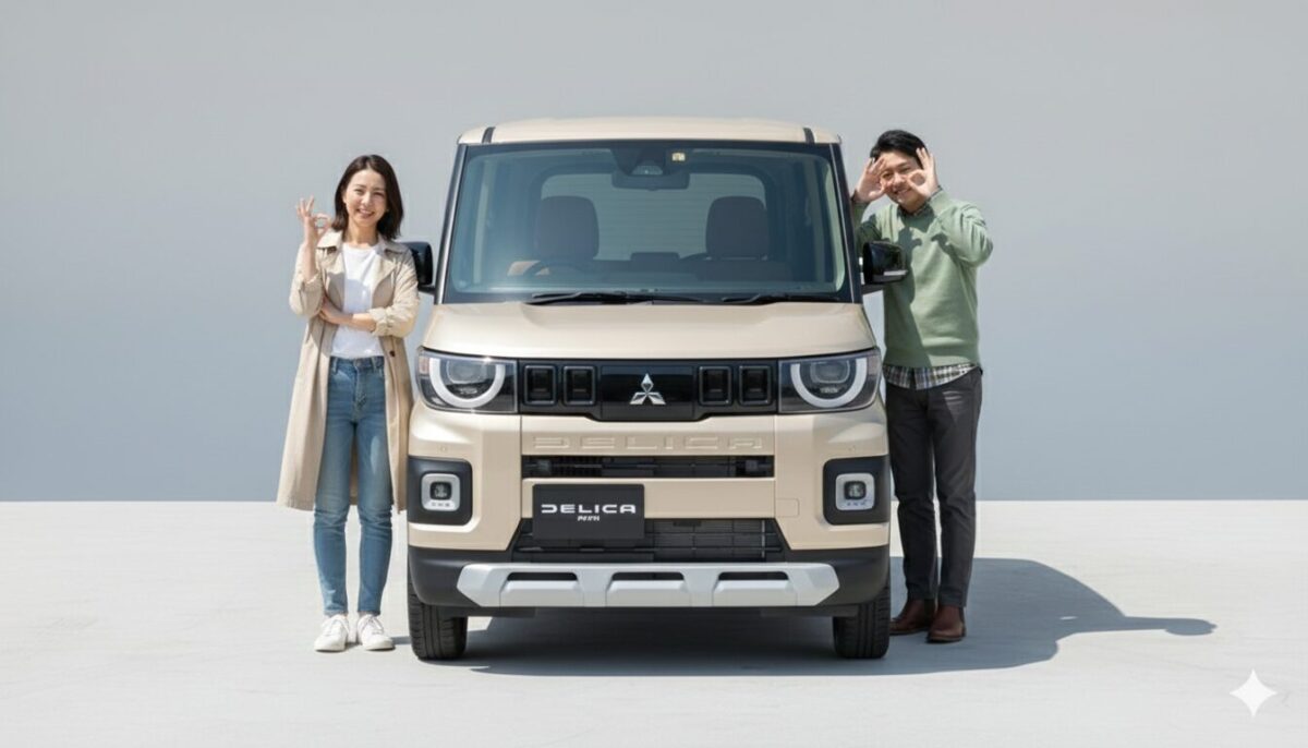 デリカミニのそばでOKマークを作る男女