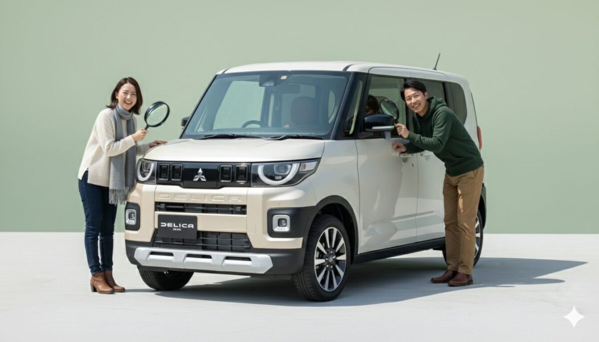 デリカミニを虫眼鏡でチェックする男女