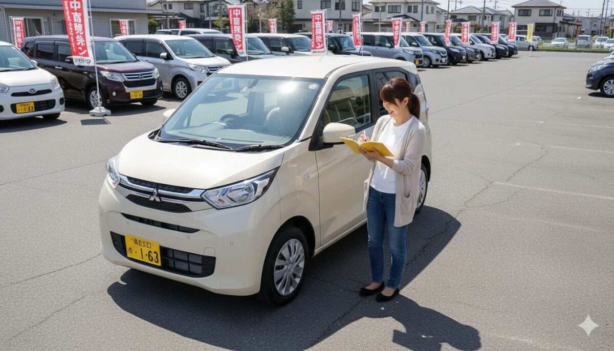 中古車センターでekワゴンをチェックする女性