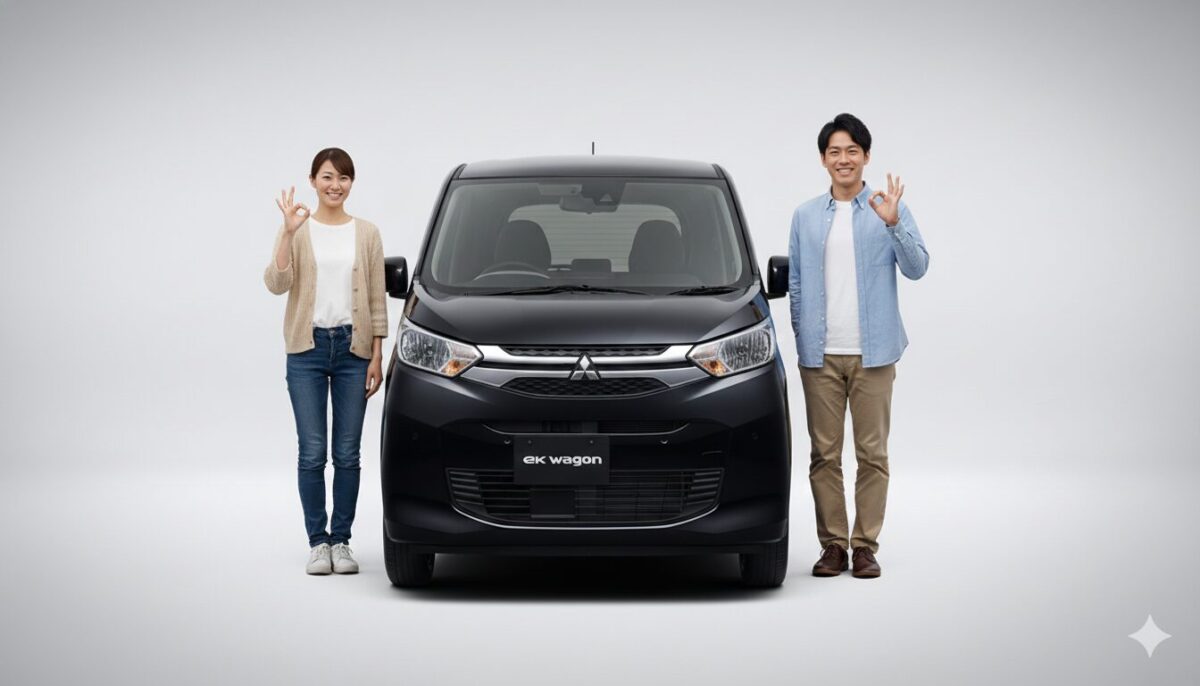 黒のekワゴンの横でOKマークを作る男女