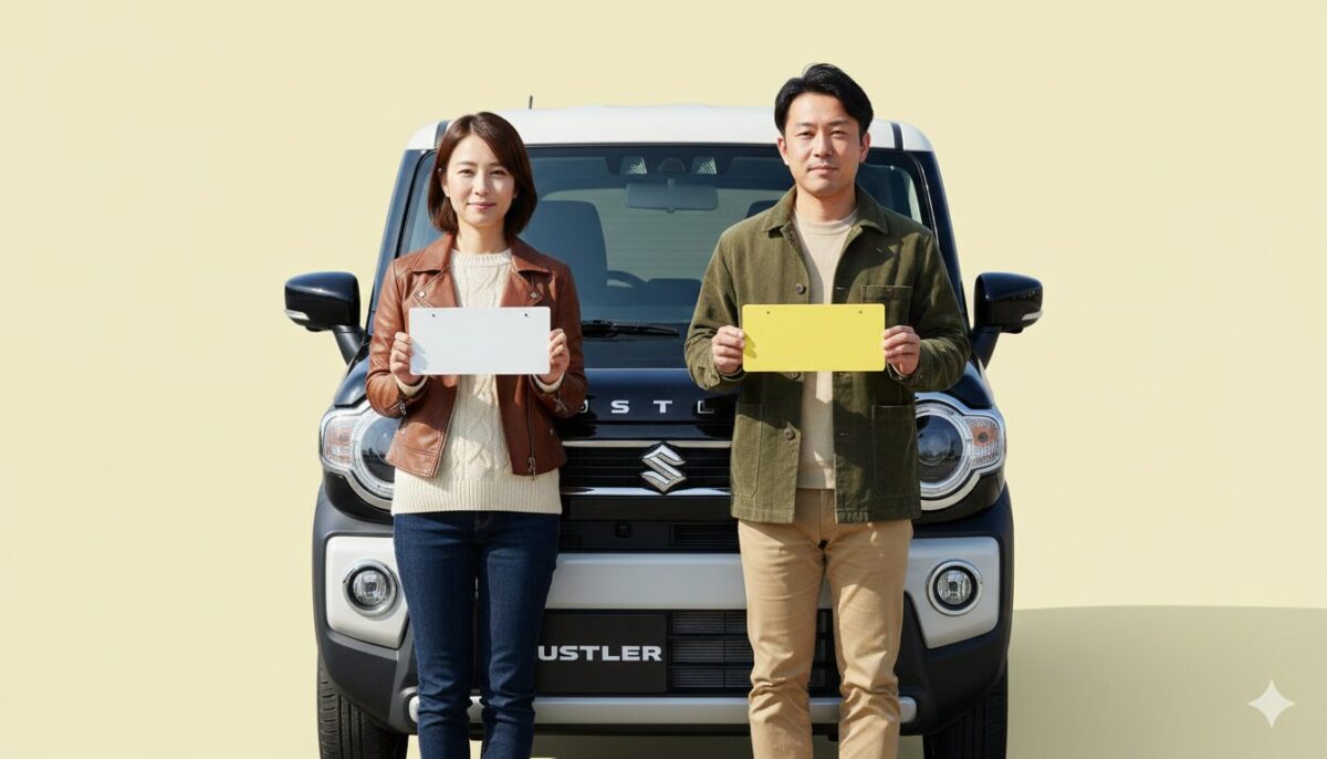 ハスラーの前で白ナンバーを持つ女性と黄色ナンバーを持つ男性