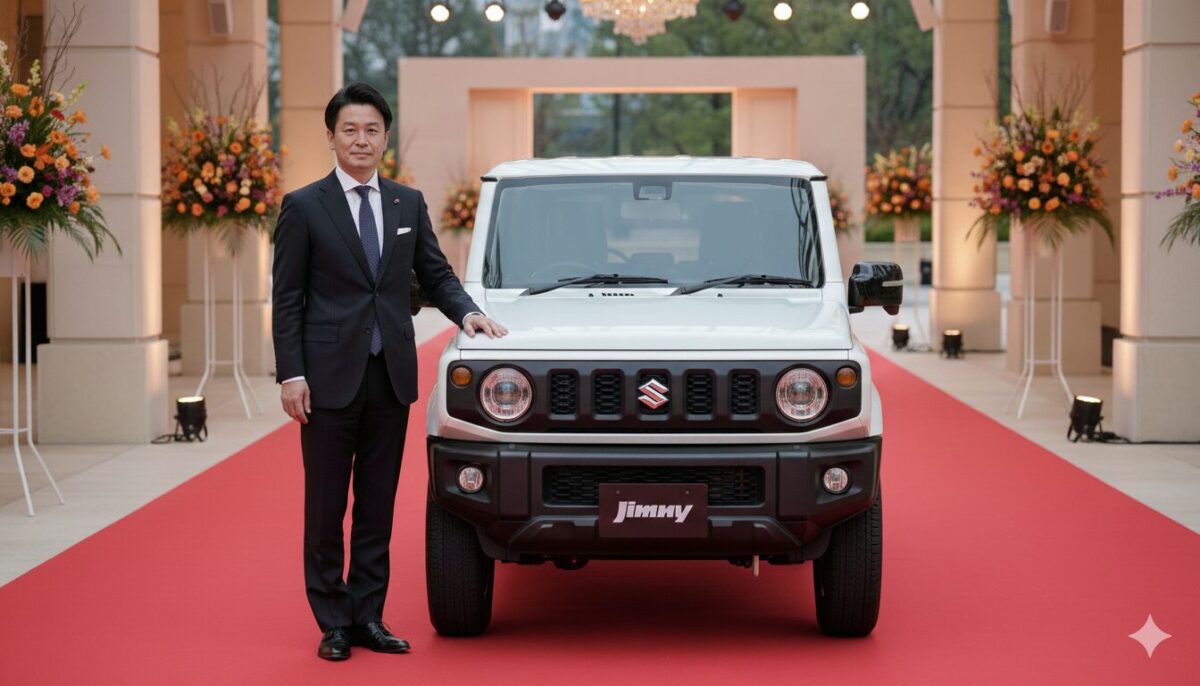 レッドカーペットに置かれたジムニーと並んで立つ男性