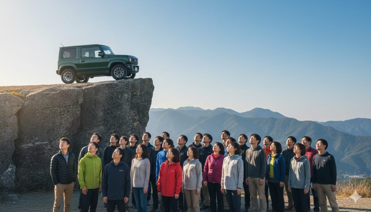 崖の上のジムニーとそれを見上げる人々