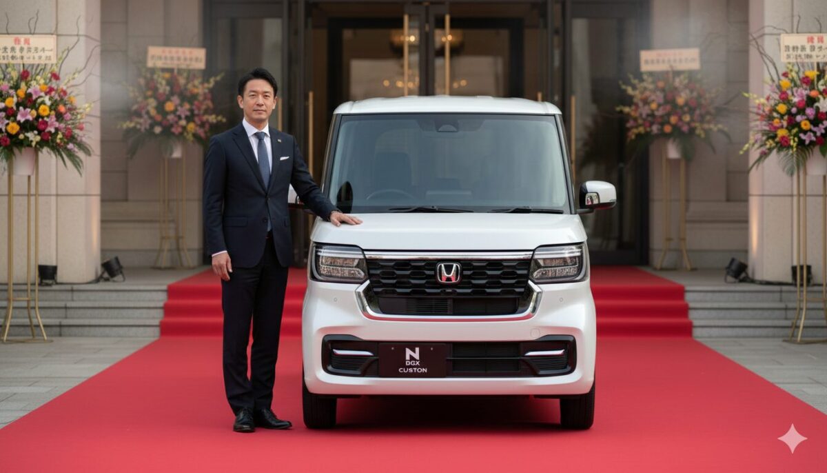 レッドカーペットに置かれたN-BOXと傍に立つ男性