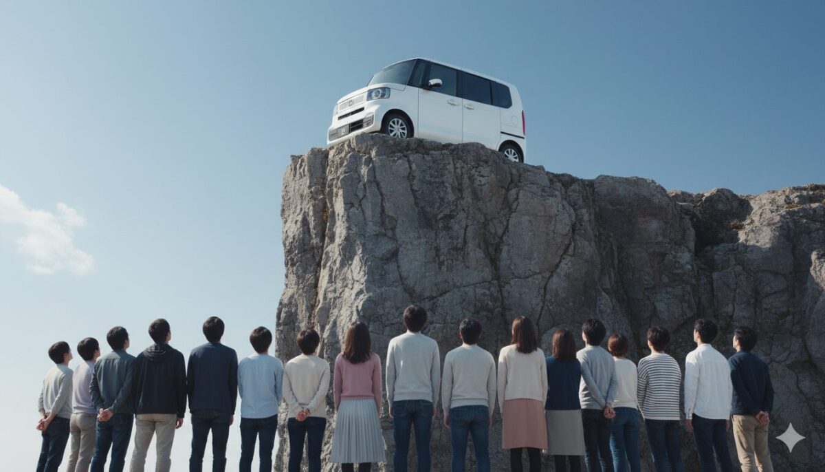 崖の上のN-BOXを見上げる人々