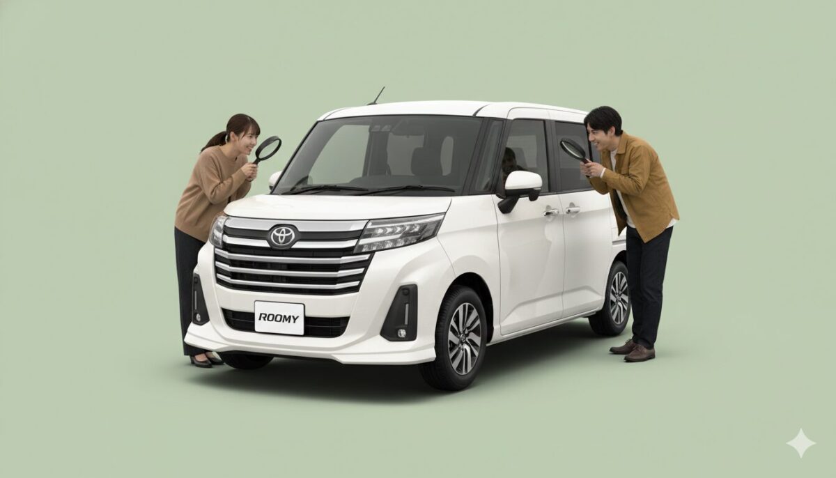 ルーミーを真剣にチェックする男女