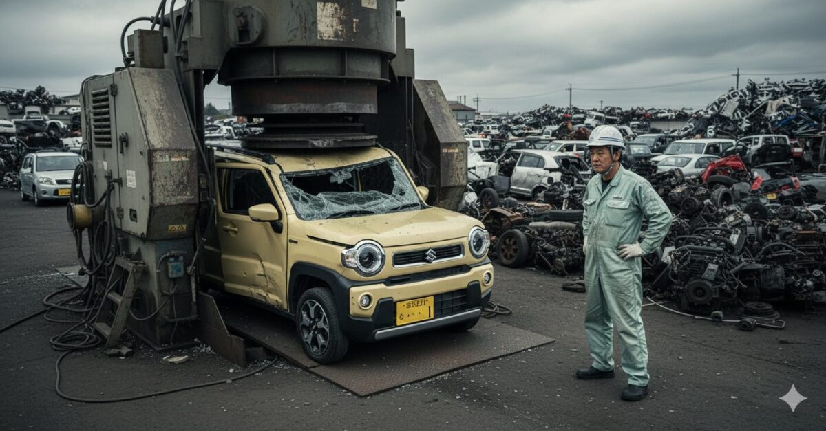 スクラップ工場で壊されるシフォンアイボリーのハスラー