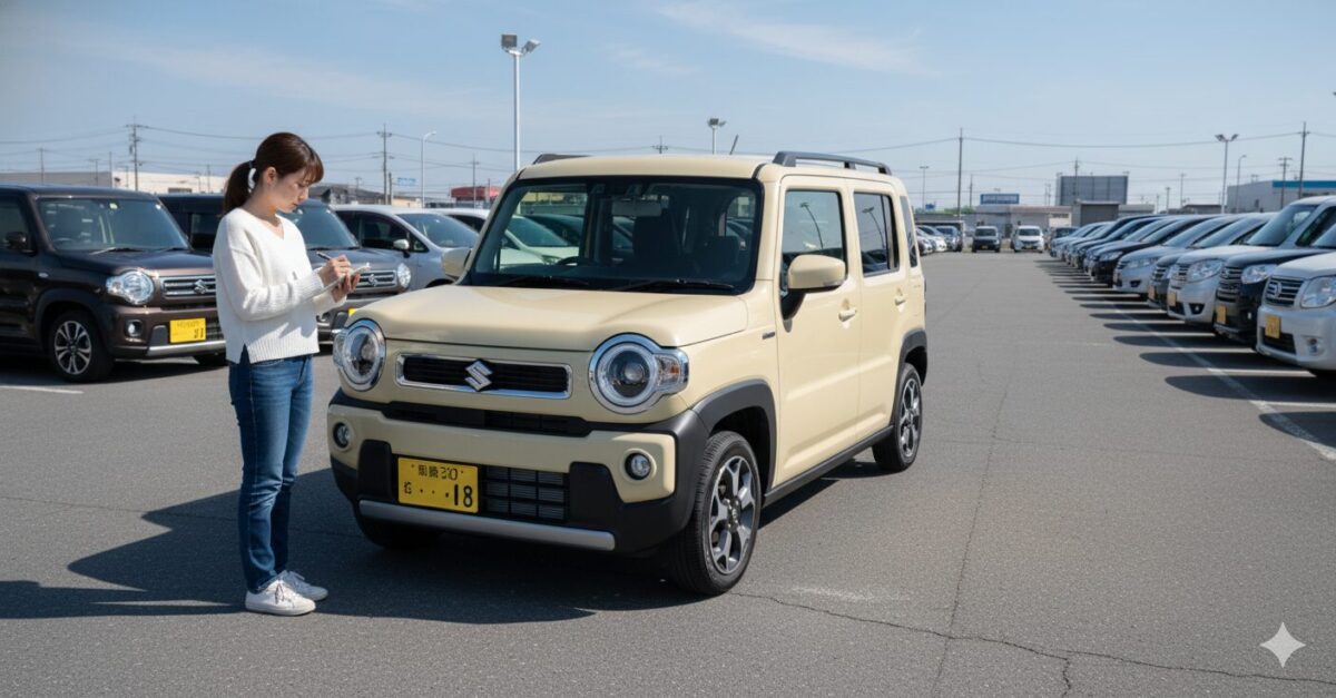 中古車センターでシフォンアイボリーのハスラーを見る女性